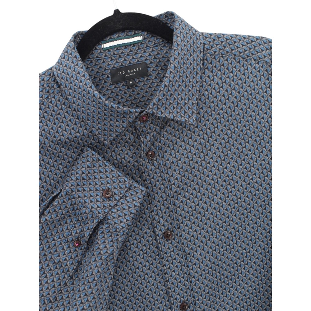 Ted Baker London ORMSBY Spot Shirt mens 6 Blue Fan Print Long Sleeve Preppy